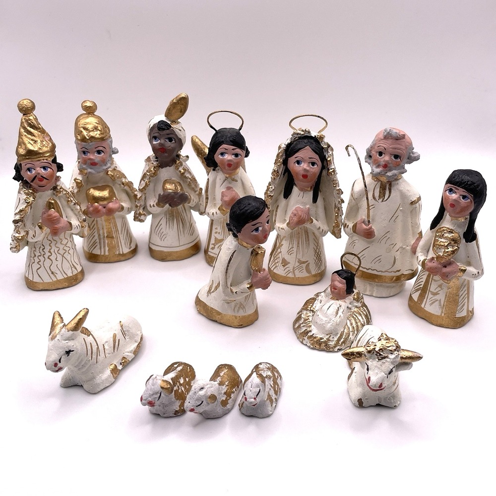 Tonala Mexican Nativity Scene Hand Painted Pottery Folk Art 14 Piece Vintage